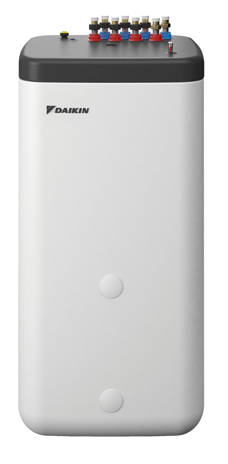 DAIKIN Altherma ST 538/16/16-DB. Leistungsstarker 500 Liter Schichtspeicher zur Warmwasserbereitung und Heizungsunterstützung. Mit zusätzlichem Wärmetauscher für Drain-Back-Solarsystem und externem Wärmeerzeuger.