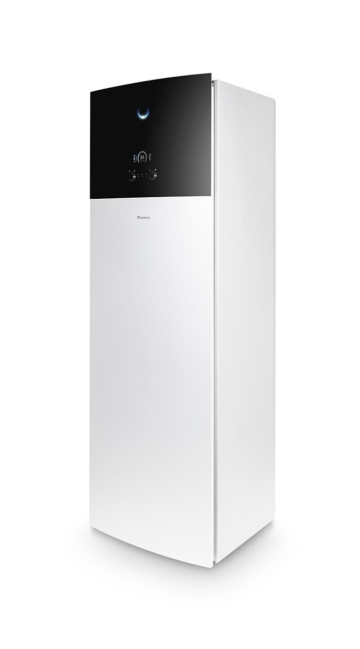 Truhengerät ausgeführte Luft-Wasser-Wärmepumpen-Innengerät DAIKIN Altherma 3 R MT F für Heizen und Warmwasser, mit integr. 180L Speicher.